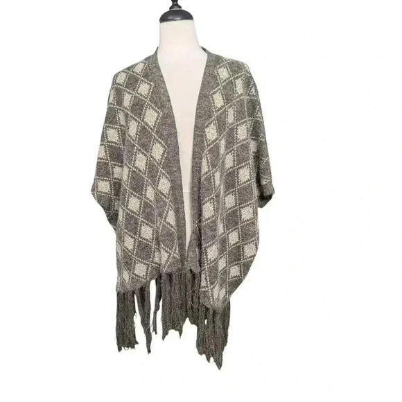 Women's Brown Tan Argyle Oversized Open Front Fringe Cardigan Sweater M/L - Picture 1 of 6